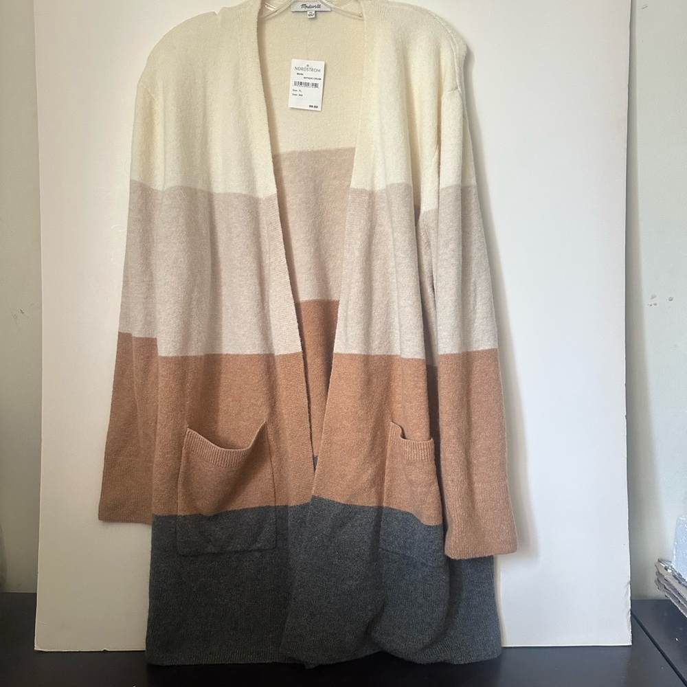 Madewell Kent Colorblock Alpaca Wool Blend Open Cardigan |Antique Cream NWT~XL